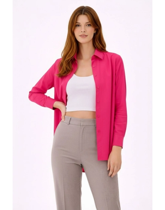 Kadın Uzun Kollu Gömlek Düğmeli Klasik Yaka Günlük ve Ofis Şıklığına uygun - Fuşya