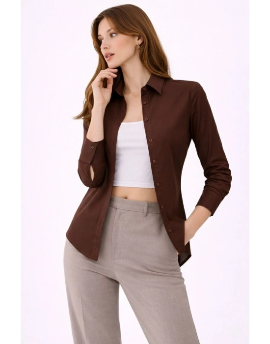 Kadın Uzun Kollu Gömlek Düğmeli Klasik Yaka Günlük ve Ofis Şıklığına uygun - Kahverengi
