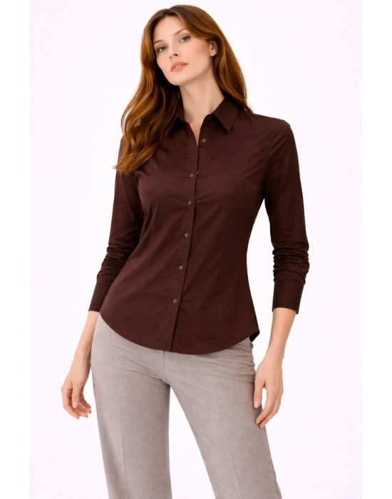 Kadın Uzun Kollu Gömlek Düğmeli Klasik Yaka Günlük ve Ofis Şıklığına uygun - Kahverengi