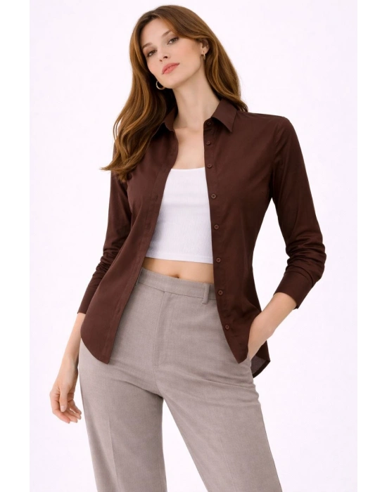 Kadın Uzun Kollu Gömlek Düğmeli Klasik Yaka Günlük ve Ofis Şıklığına uygun - Kahverengi