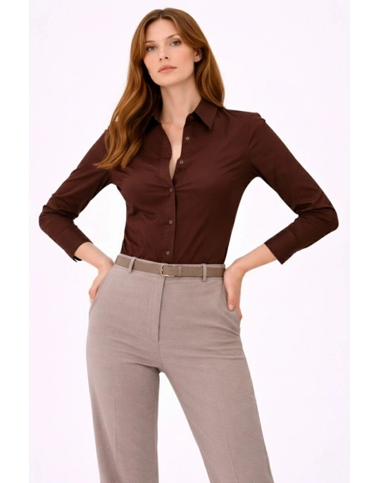Kadın Uzun Kollu Gömlek Düğmeli Klasik Yaka Günlük ve Ofis Şıklığına uygun - Kahverengi