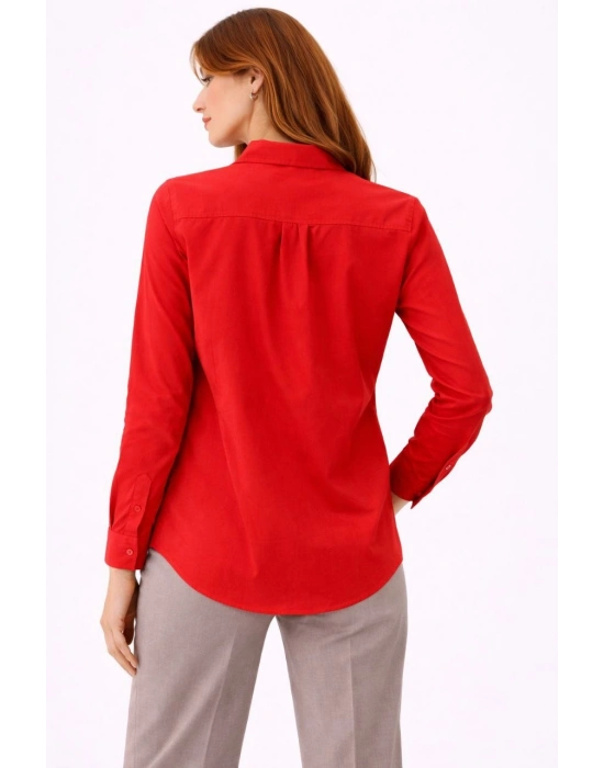 Kadın Uzun Kollu Gömlek Düğmeli Klasik Yaka Günlük ve Ofis Şıklığına uygun - Kırmızı