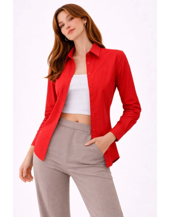 Kadın Uzun Kollu Gömlek Düğmeli Klasik Yaka Günlük ve Ofis Şıklığına uygun - Kırmızı