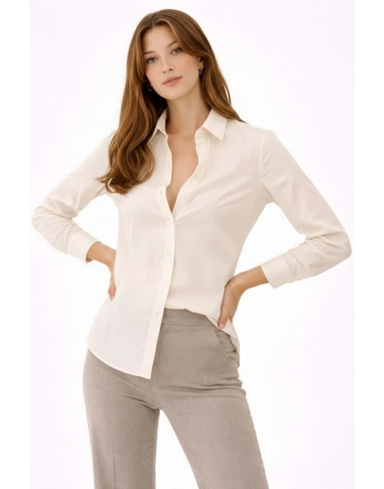 Kadın Uzun Kollu Gömlek Düğmeli Klasik Yaka Günlük ve Ofis Şıklığına uygun - Krem