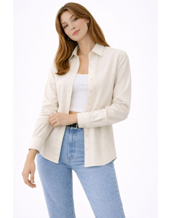 Kadın Uzun Kollu Gömlek Düğmeli Klasik Yaka Günlük ve Ofis Şıklığına uygun - Krem