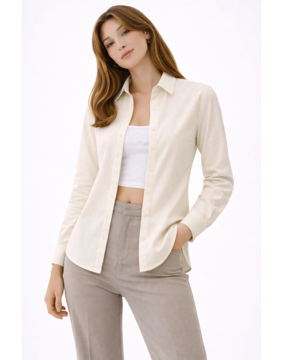 Kadın Uzun Kollu Gömlek Düğmeli Klasik Yaka Günlük ve Ofis Şıklığına uygun - Krem