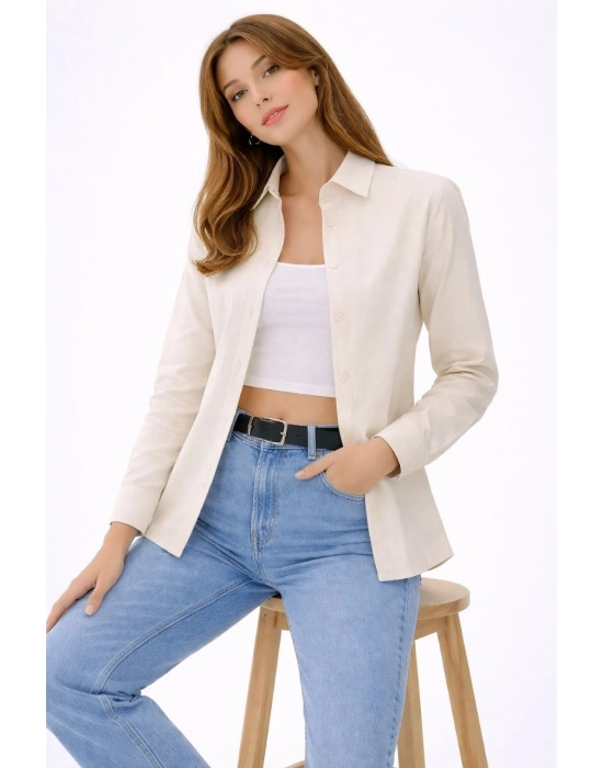 Kadın Uzun Kollu Gömlek Düğmeli Klasik Yaka Günlük ve Ofis Şıklığına uygun - Krem