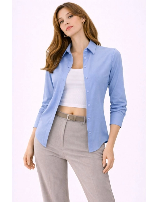 Kadın Uzun Kollu Gömlek Düğmeli Klasik Yaka Günlük ve Ofis Şıklığına uygun - Mavi