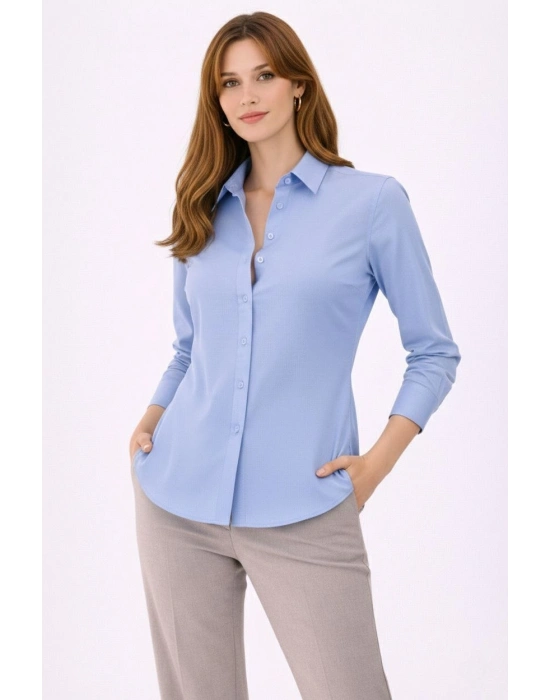 Kadın Uzun Kollu Gömlek Düğmeli Klasik Yaka Günlük ve Ofis Şıklığına uygun - Mavi
