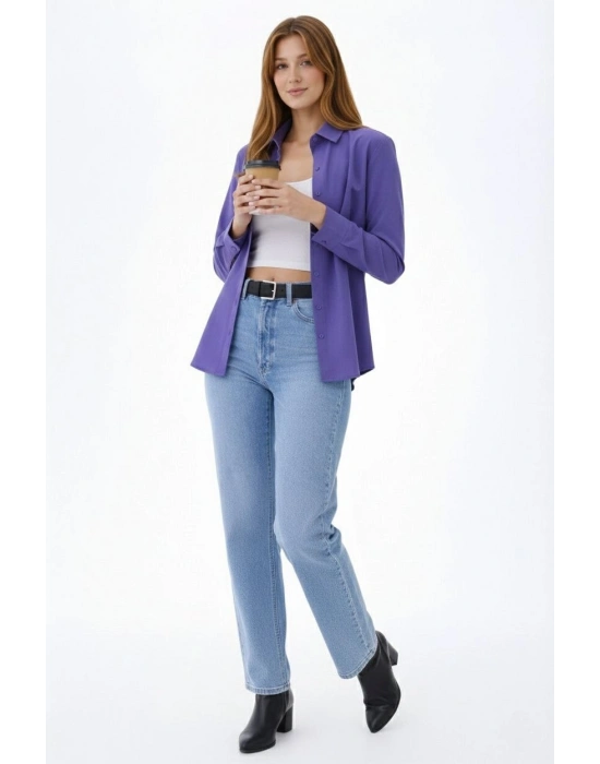 Kadın Uzun Kollu Gömlek Düğmeli Klasik Yaka Günlük ve Ofis Şıklığına uygun - Mor