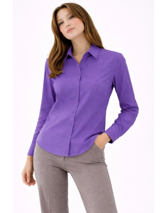 Kadın Uzun Kollu Gömlek Düğmeli Klasik Yaka Günlük ve Ofis Şıklığına uygun - Mor
