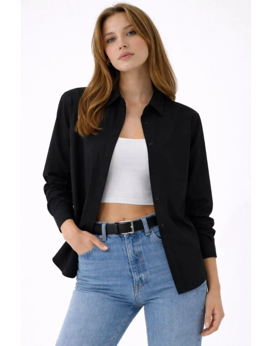 Kadın Uzun Kollu Gömlek Düğmeli Klasik Yaka Günlük ve Ofis Şıklığına uygun - Siyah