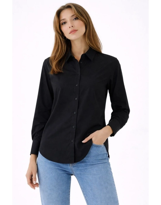 Kadın Uzun Kollu Gömlek Düğmeli Klasik Yaka Günlük ve Ofis Şıklığına uygun - Siyah