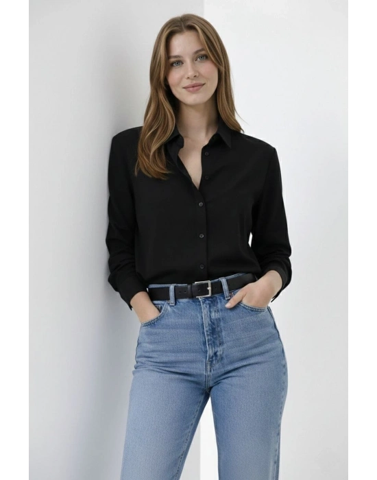 Kadın Uzun Kollu Gömlek Düğmeli Klasik Yaka Günlük ve Ofis Şıklığına uygun - Siyah