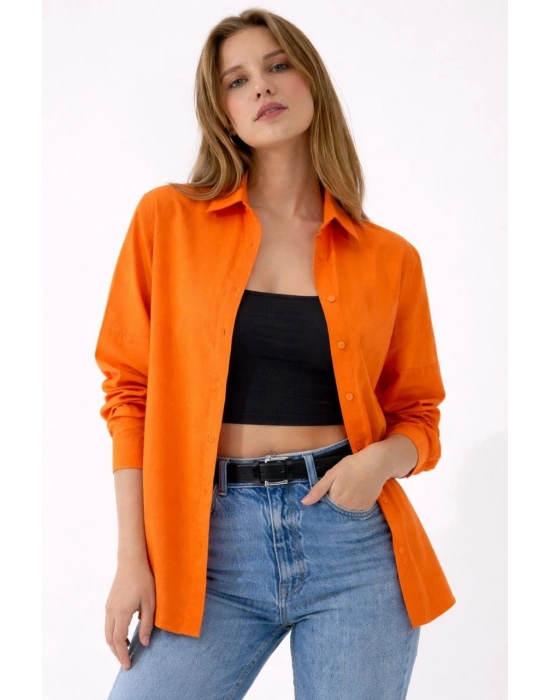 Kadın Uzun Kollu Gömlek Düğmeli Klasik Yaka Günlük ve Ofis Şıklığına uygun - Turuncu