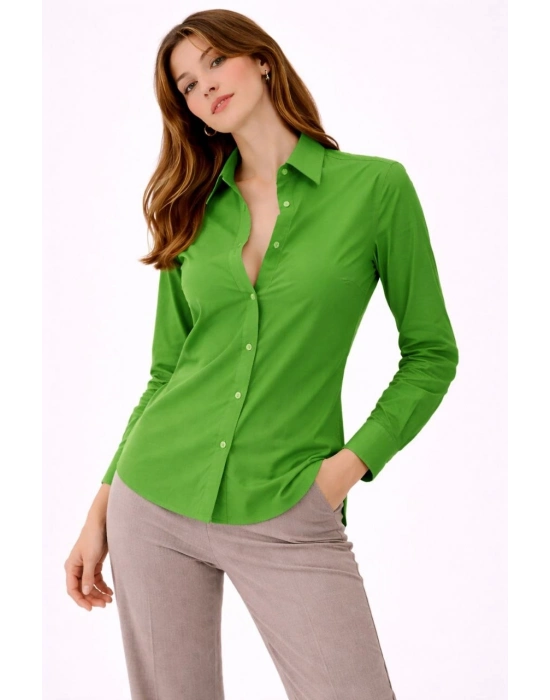 Kadın Uzun Kollu Gömlek Düğmeli Klasik Yaka Günlük ve Ofis Şıklığına uygun - Yeşil
