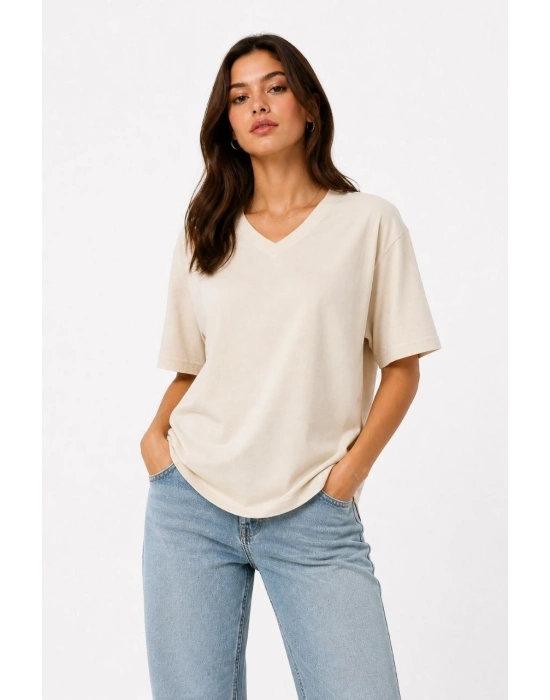 Kadın V Yaka Basic Tişört Kısa Kol Yazlık Regular Fit T-Shirt - Bej