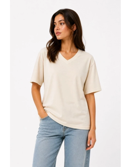 Kadın V Yaka Basic Tişört Kısa Kol Yazlık Regular Fit T-Shirt - Bej