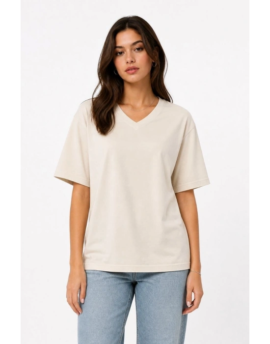 Kadın V Yaka Basic Tişört Kısa Kol Yazlık Regular Fit T-Shirt - Bej