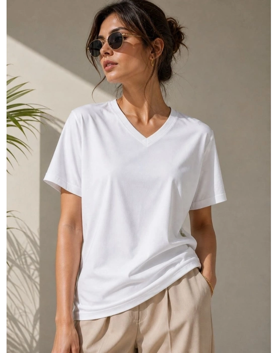 Kadın V Yaka Basic Tişört Kısa Kol Yazlık Regular Fit T-Shirt - Beyaz