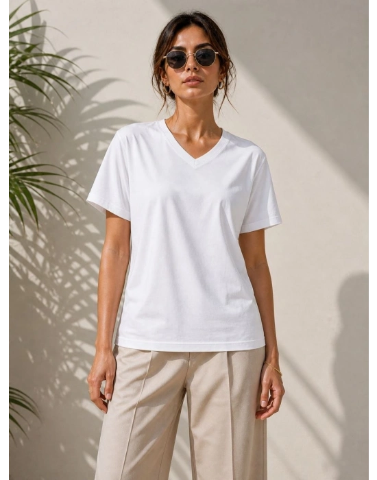 Kadın V Yaka Basic Tişört Kısa Kol Yazlık Regular Fit T-Shirt - Beyaz