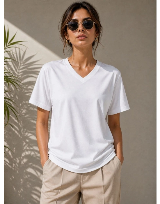Kadın V Yaka Basic Tişört Kısa Kol Yazlık Regular Fit T-Shirt - Beyaz