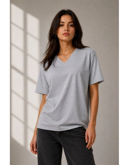 Kadın V Yaka Basic Tişört Kısa Kol Yazlık Regular Fit T-Shirt - Gri