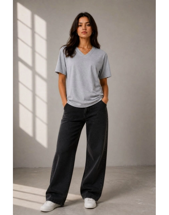 Kadın V Yaka Basic Tişört Kısa Kol Yazlık Regular Fit T-Shirt - Gri