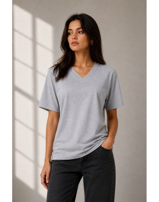 Kadın V Yaka Basic Tişört Kısa Kol Yazlık Regular Fit T-Shirt - Gri