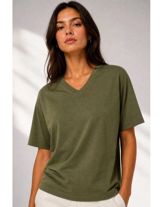Kadın V Yaka Basic Tişört Kısa Kol Yazlık Regular Fit T-Shirt - Haki