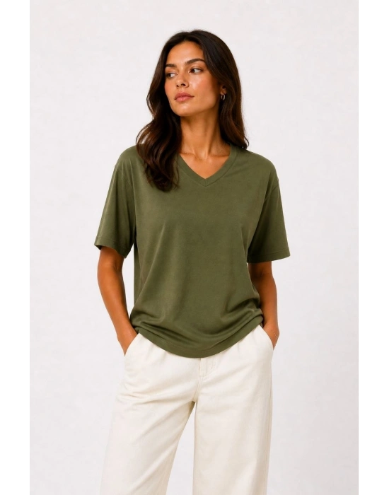 Kadın V Yaka Basic Tişört Kısa Kol Yazlık Regular Fit T-Shirt - Haki