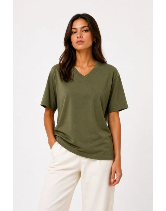 Kadın V Yaka Basic Tişört Kısa Kol Yazlık Regular Fit T-Shirt - Haki