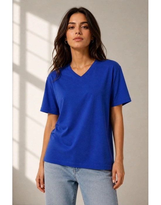 Kadın V Yaka Basic Tişört Kısa Kol Yazlık Regular Fit T-Shirt - Saks Mavisi