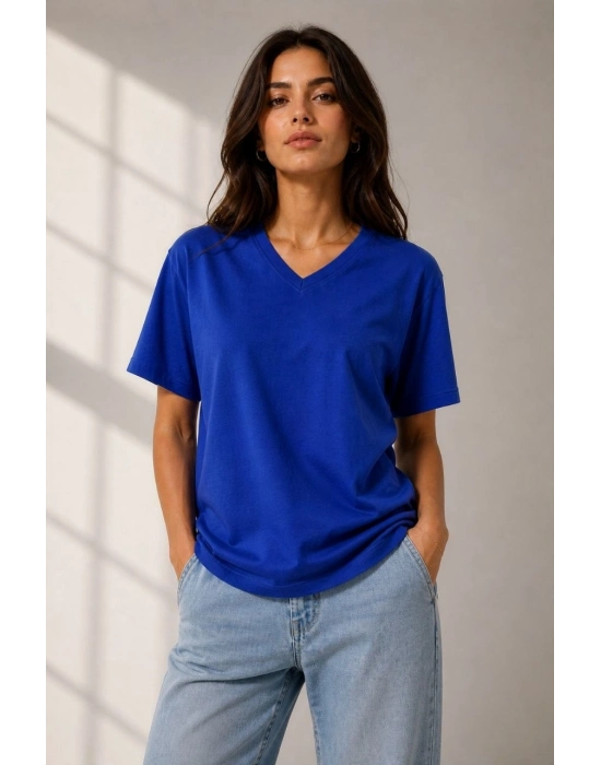 Kadın V Yaka Basic Tişört Kısa Kol Yazlık Regular Fit T-Shirt - Saks Mavisi