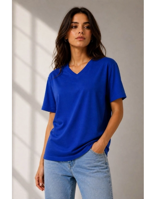 Kadın V Yaka Basic Tişört Kısa Kol Yazlık Regular Fit T-Shirt - Saks Mavisi