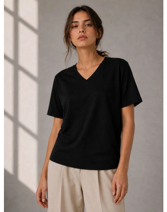 Kadın V Yaka Basic Tişört Kısa Kol Yazlık Regular Fit T-Shirt - Siyah