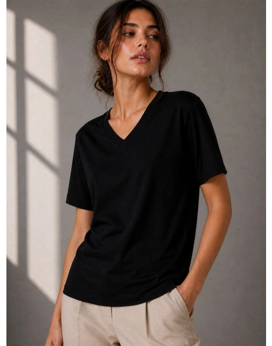 Kadın V Yaka Basic Tişört Kısa Kol Yazlık Regular Fit T-Shirt - Siyah