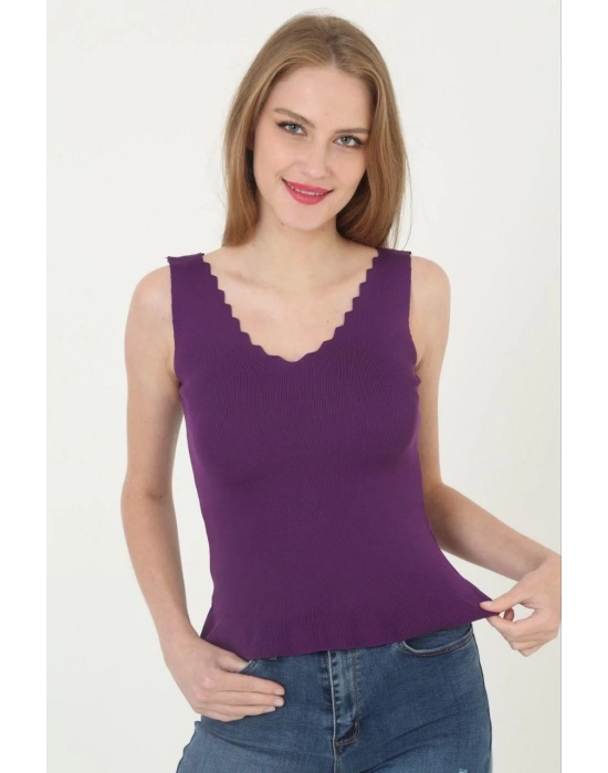 Kadın V Yaka Fırfır Detay Crop - Mor