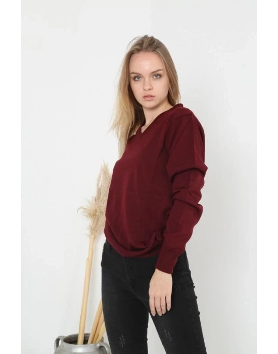 Kadın V Yaka Kazak Uzun Kol Düz Dokuma Triko - Bordo