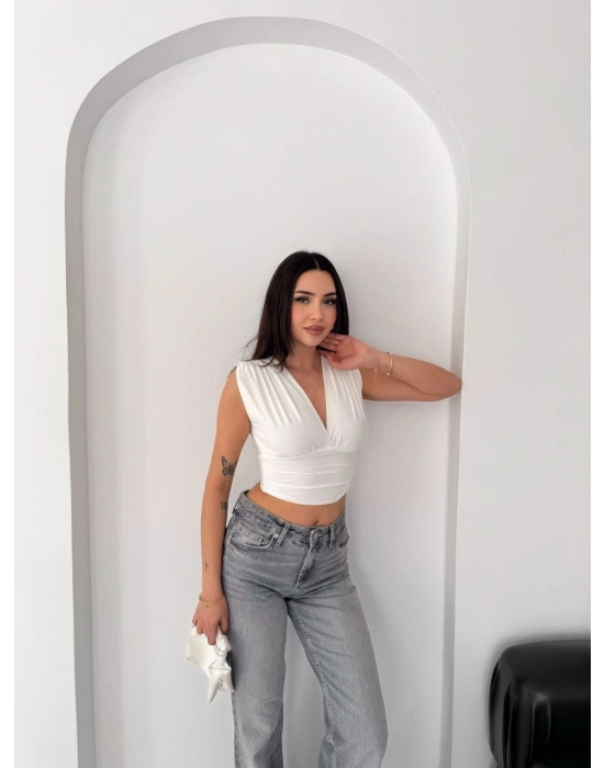Kadın Vatkalı Kolsuz V Yaka Drapeli Crop Bluz Likralı Fit - Beyaz