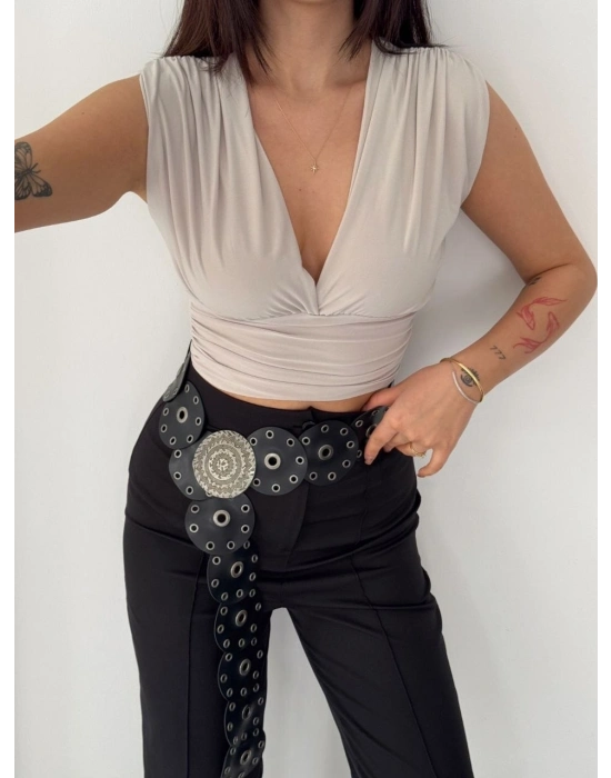 Kadın Vatkalı Kolsuz V Yaka Drapeli Crop Bluz Likralı Fit - Boyalı Gri