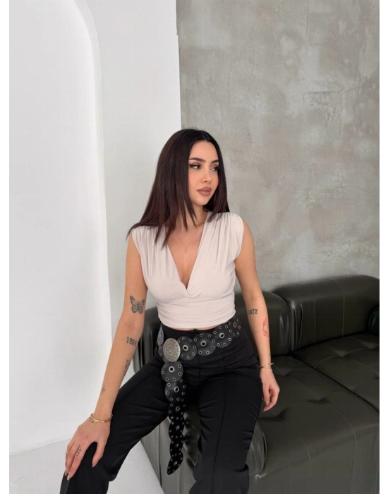 Kadın Vatkalı Kolsuz V Yaka Drapeli Crop Bluz Likralı Fit - Boyalı Gri