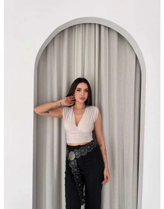 Kadın Vatkalı Kolsuz V Yaka Drapeli Crop Bluz Likralı Fit - Boyalı Gri
