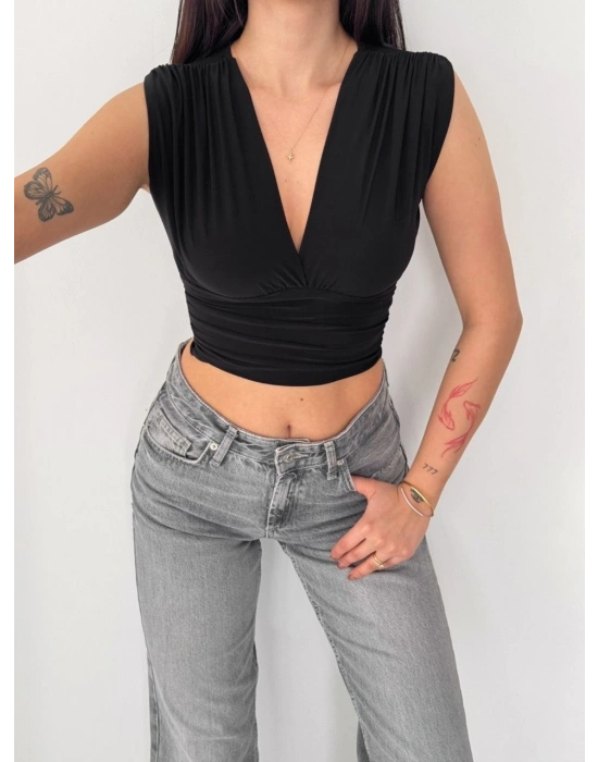 Kadın Vatkalı Kolsuz V Yaka Drapeli Crop Bluz Likralı Fit - Siyah