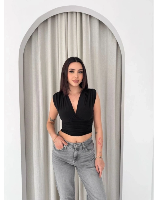 Kadın Vatkalı Kolsuz V Yaka Drapeli Crop Bluz Likralı Fit - Siyah