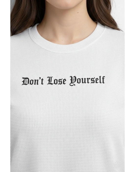 Kadın Wafıl Kumaş Tişört Regular Kalıp Bisiklet Yaka Baskılı T-Shirt - Beyaz
