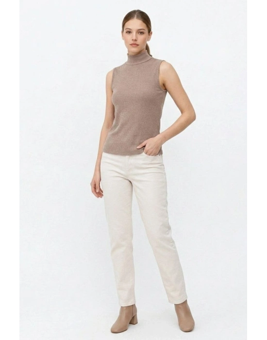 Kadın Yarım Balıkçı Yaka Fitilli Kaşkorse Atlet Basic Şık Bluz Badi - Bej