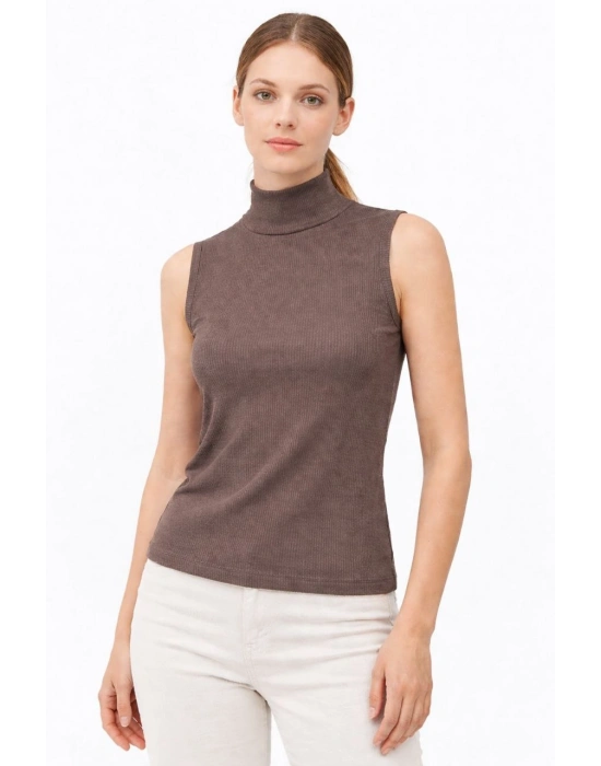 Kadın Yarım Balıkçı Yaka Fitilli Kaşkorse Atlet Basic Şık Bluz Badi - Kahverengi