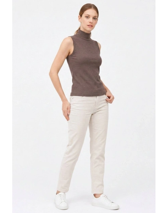 Kadın Yarım Balıkçı Yaka Fitilli Kaşkorse Atlet Basic Şık Bluz Badi - Kahverengi