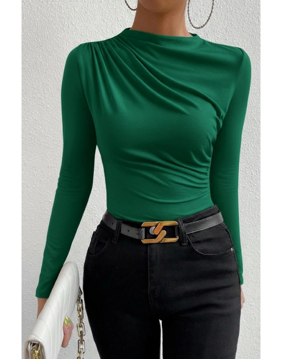 Kadın Yeşil Belden ve Boyundan Büzgü Detaylı Uzun Kollu Bluz